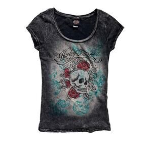 Harley Davidson Las Vegas Skull Rhinestone T Shirt Women M Y2K Biker Las Vegas